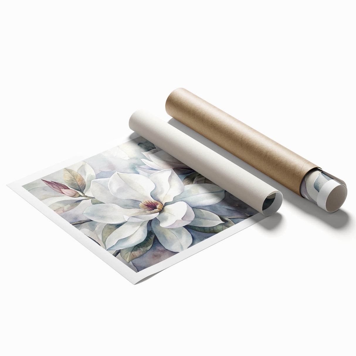 Elegant botanical wall art featuring a detailed magnolia flower design on a rolled print, showcasing soft pink and green hues for home decor enhancement.