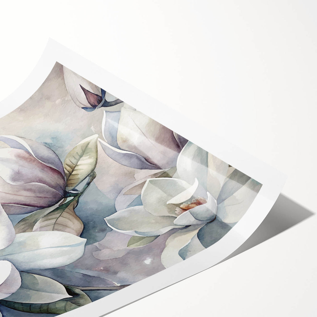 Botanical wall art print showcasing a beautifully detailed magnolia flower design, featuring soft pink and white petals against a textured background, rolled for easy shipping.