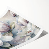 Botanical wall art print showcasing a beautifully detailed magnolia flower design, featuring soft pink and white petals against a textured background, rolled for easy shipping.