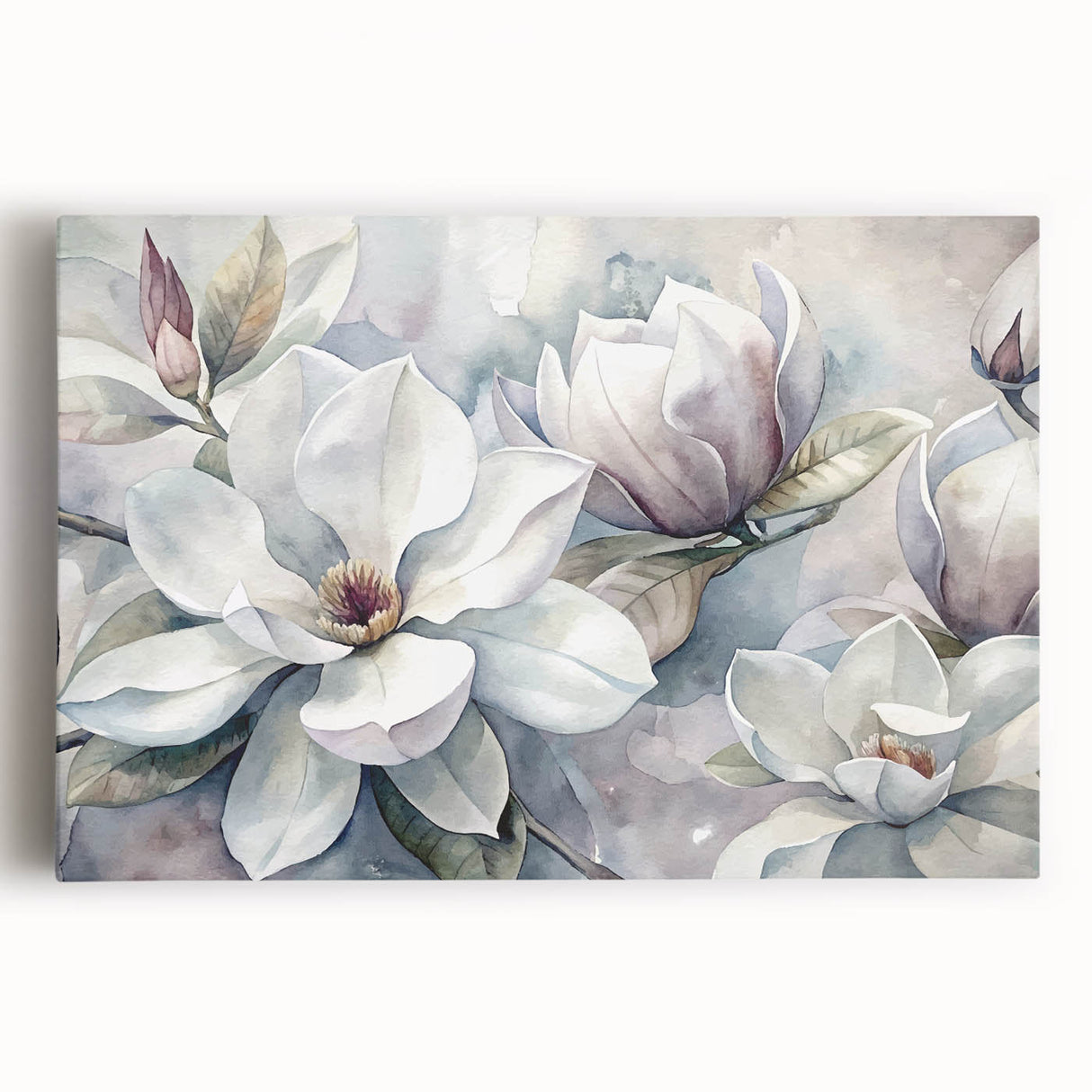 Stretched canvas featuring a vibrant botanical design of magnolia flowers in soft pink and white tones, ideal for home decor and nature-themed spaces.