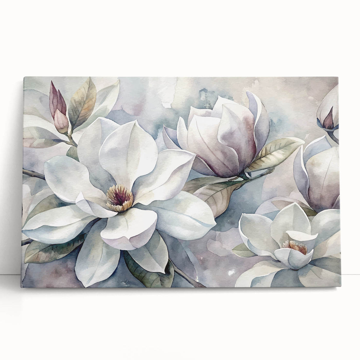 Stretched canvas wall art featuring a vibrant botanical design of magnolia flowers in soft pastel colors, ideal for home decor or floral-themed spaces. This art piece beautifully enhances any room with its elegant and fresh aesthetic, making it a perfect choice for nature lovers.