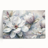 Stretched canvas wall art featuring a vibrant botanical design of magnolia flowers in soft pastel colors, ideal for home decor or floral-themed spaces. This art piece beautifully enhances any room with its elegant and fresh aesthetic, making it a perfect choice for nature lovers.