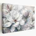 Stretched canvas wall art showcasing a botanical magnolia design with vibrant colors, elegantly displayed from a side view, perfect for home decor enhancement.