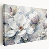 Stretched canvas wall art showcasing a botanical magnolia design with vibrant colors, elegantly displayed from a side view, perfect for home decor enhancement.
