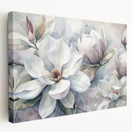 Stretched canvas wall art showcasing a botanical magnolia design with vibrant colors, elegantly displayed from a side view, perfect for home decor enhancement.