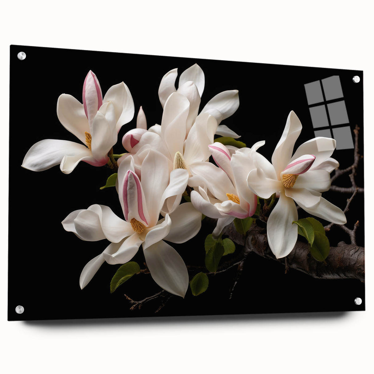 Elegant botanical wall art featuring a magnolia design in vibrant colors, displayed in a sleek acrylic frame with pins, ideal for enhancing home decor.