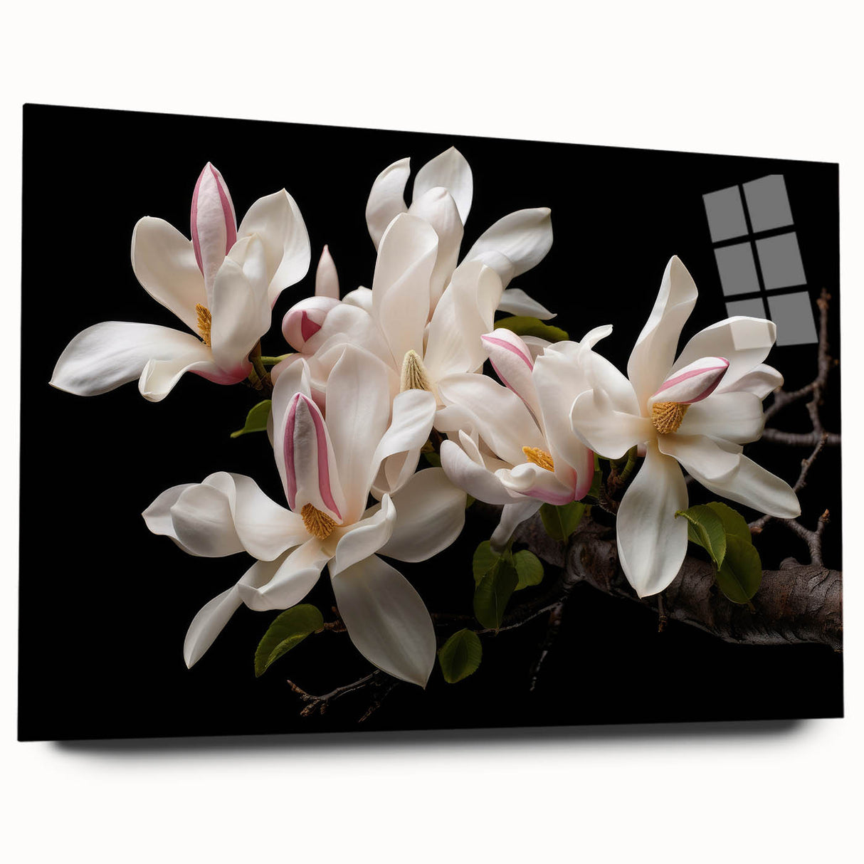 Acrylic glass wall art featuring a botanical magnolia design, showcasing vibrant colors and intricate floral details, ideal for enhancing home decor aesthetics.