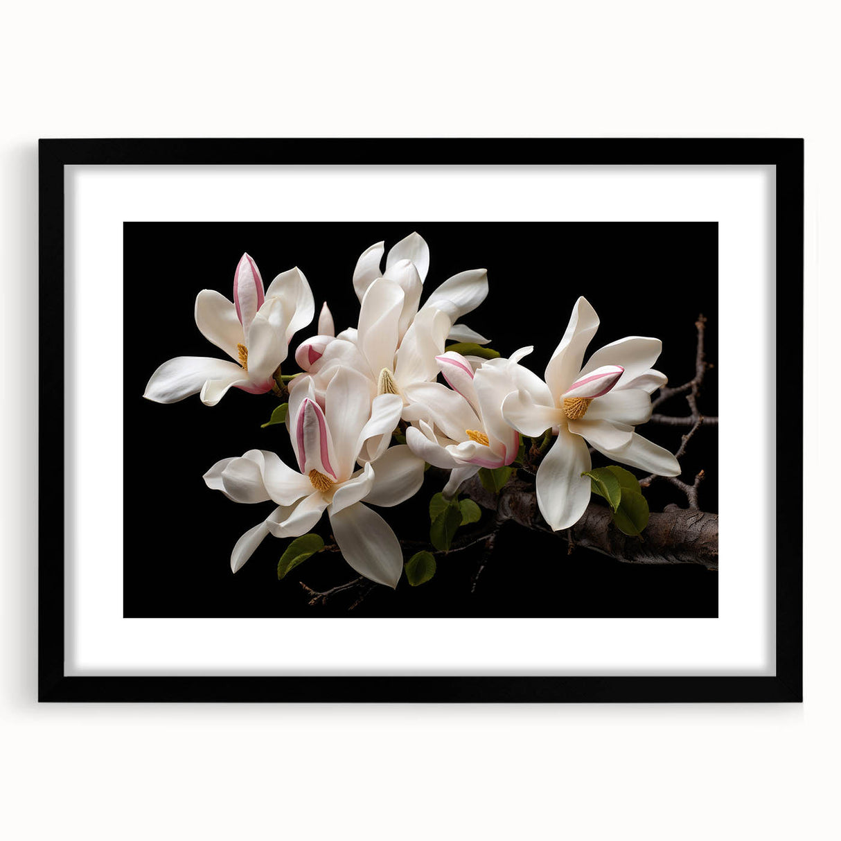 Black-framed botanical wall art featuring a delicate magnolia design, elegantly matted for display, perfect for enhancing home decor with a touch of nature.