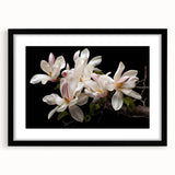 Black-framed botanical wall art featuring a delicate magnolia design, elegantly matted for display, perfect for enhancing home decor with a touch of nature.