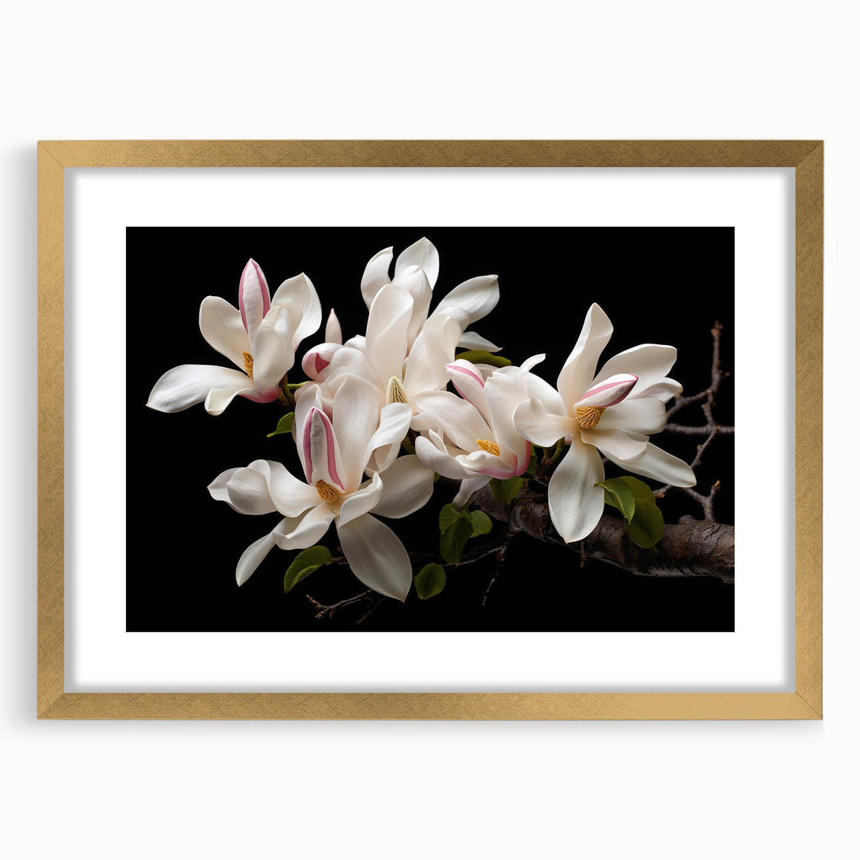 Botanical wall art featuring a beautifully framed magnolia design with a gold mat, showcasing intricate floral details in an elegant setting, perfect for home decor.