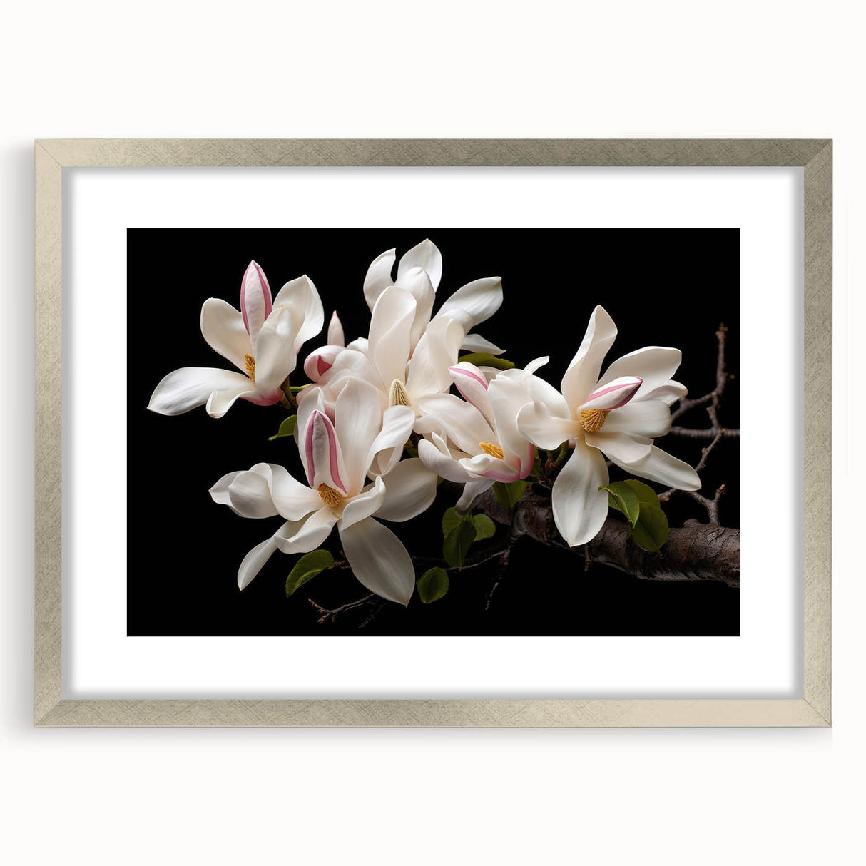 Botanical wall art print featuring a magnolia design framed with a silver mat, showcasing delicate floral details and elegant aesthetics, perfect for home decor.