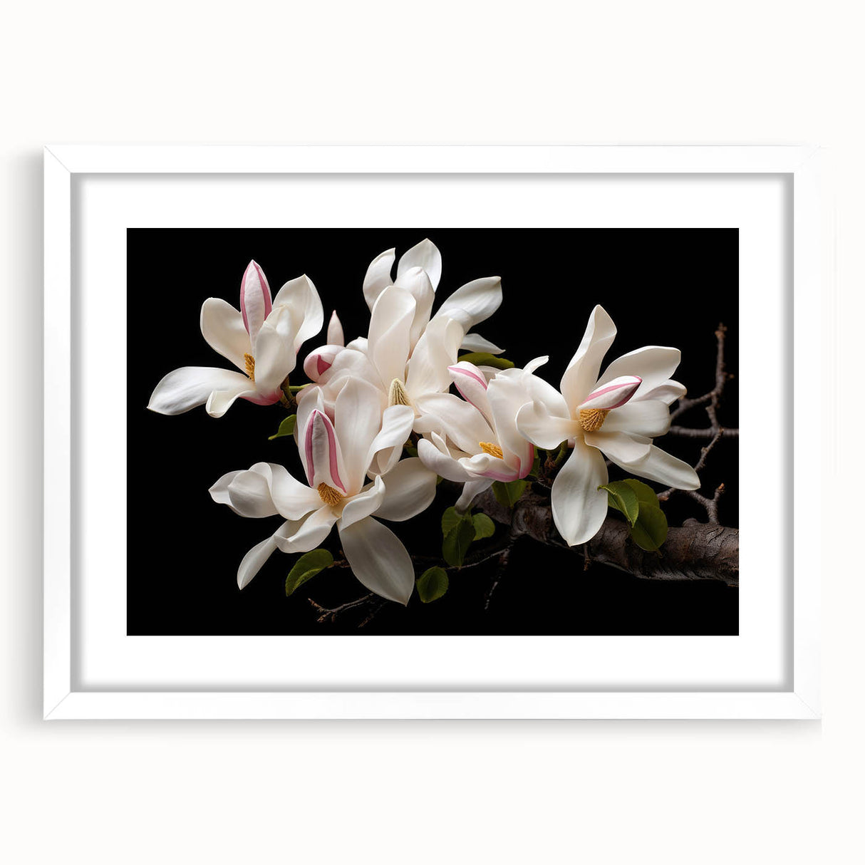 White-framed botanical wall art featuring a delicate magnolia design, elegantly matted, showcasing intricate floral details ideal for home decor or art enthusiasts.