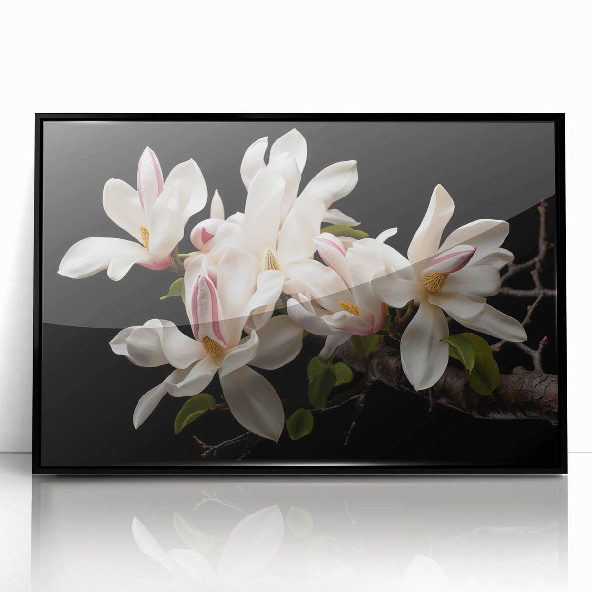 Framed wall art featuring a botanical magnolia design in vibrant colors, set against a sleek black background, perfect for modern home decor.