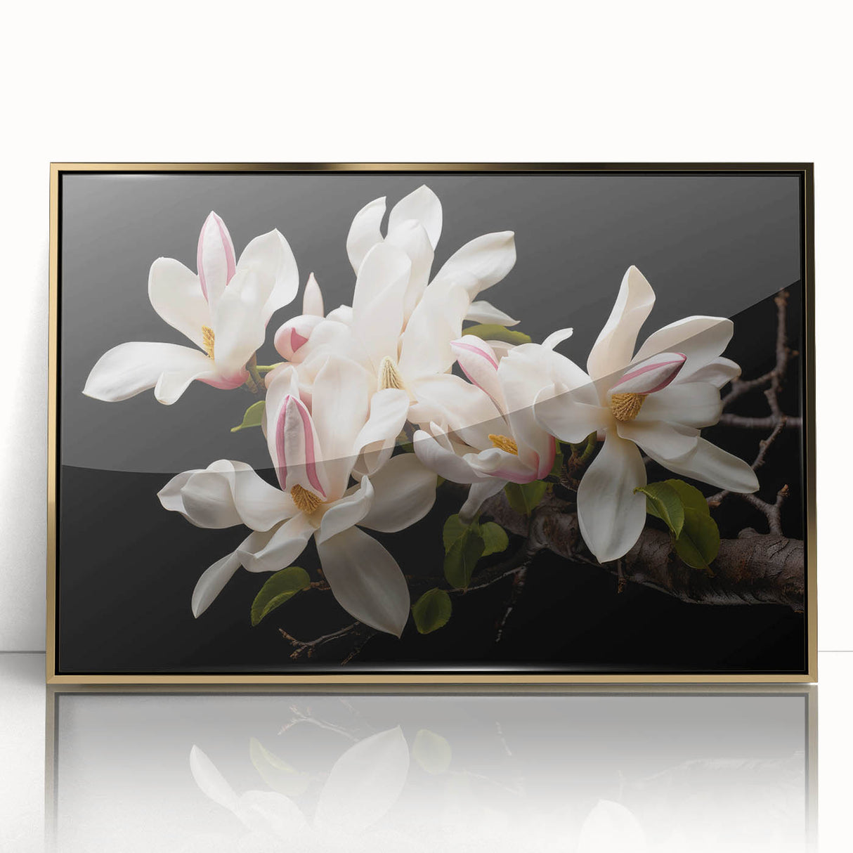 Framed wall art featuring a botanical magnolia design in elegant gold accents, showcasing vibrant floral details against a modern backdrop, perfect for home decor.