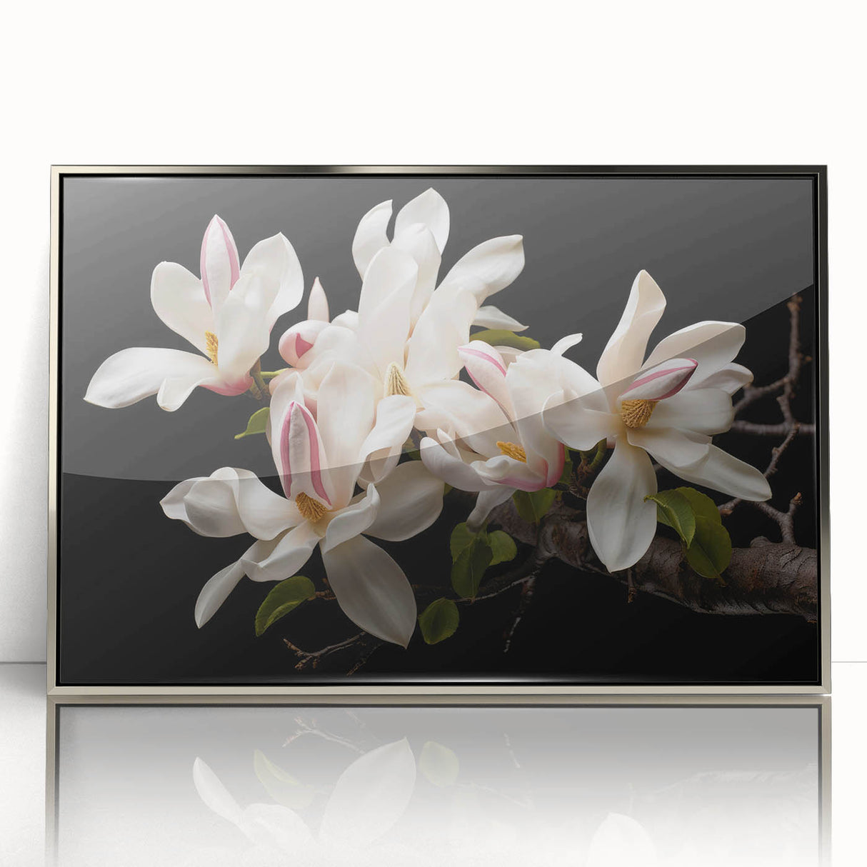 Framed wall art featuring a botanical design of magnolia flowers in soft pastel colors, set in a sleek silver frame, perfect for enhancing modern decor.