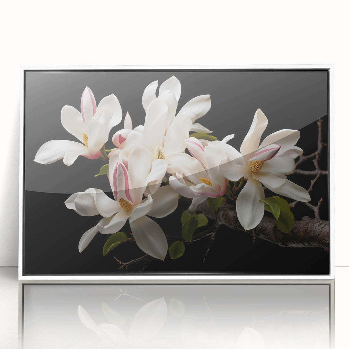 Framed botanical wall art featuring a magnolia design in soft white tones, elegantly displayed against a bright background, perfect for modern home decor.