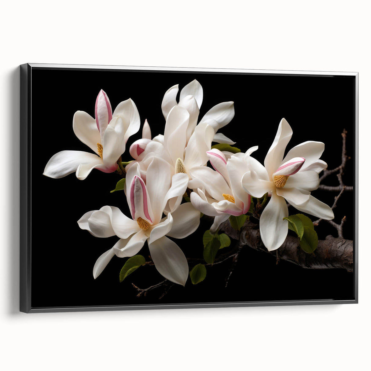 Framed black canvas wall art depicting a botanical magnolia design, showcasing intricate floral details and elegant colors, perfect for home decor enhancement.