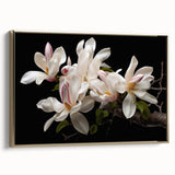 Framed canvas artwork showcasing a botanical magnolia design with intricate details, set against a gold frame, enhancing any modern decor. Perfect for floral enthusiasts.