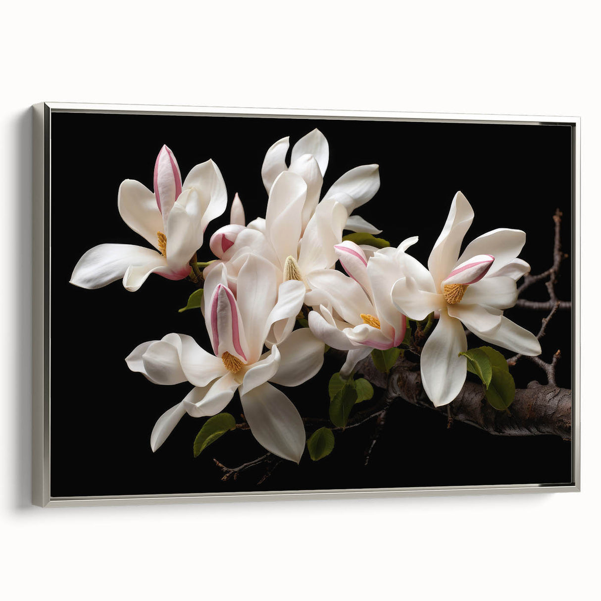 Framed wall art showcasing a botanical magnolia design in soft pastel colors, featuring a silver frame, elegantly displayed from a side view. Ideal for home decor.