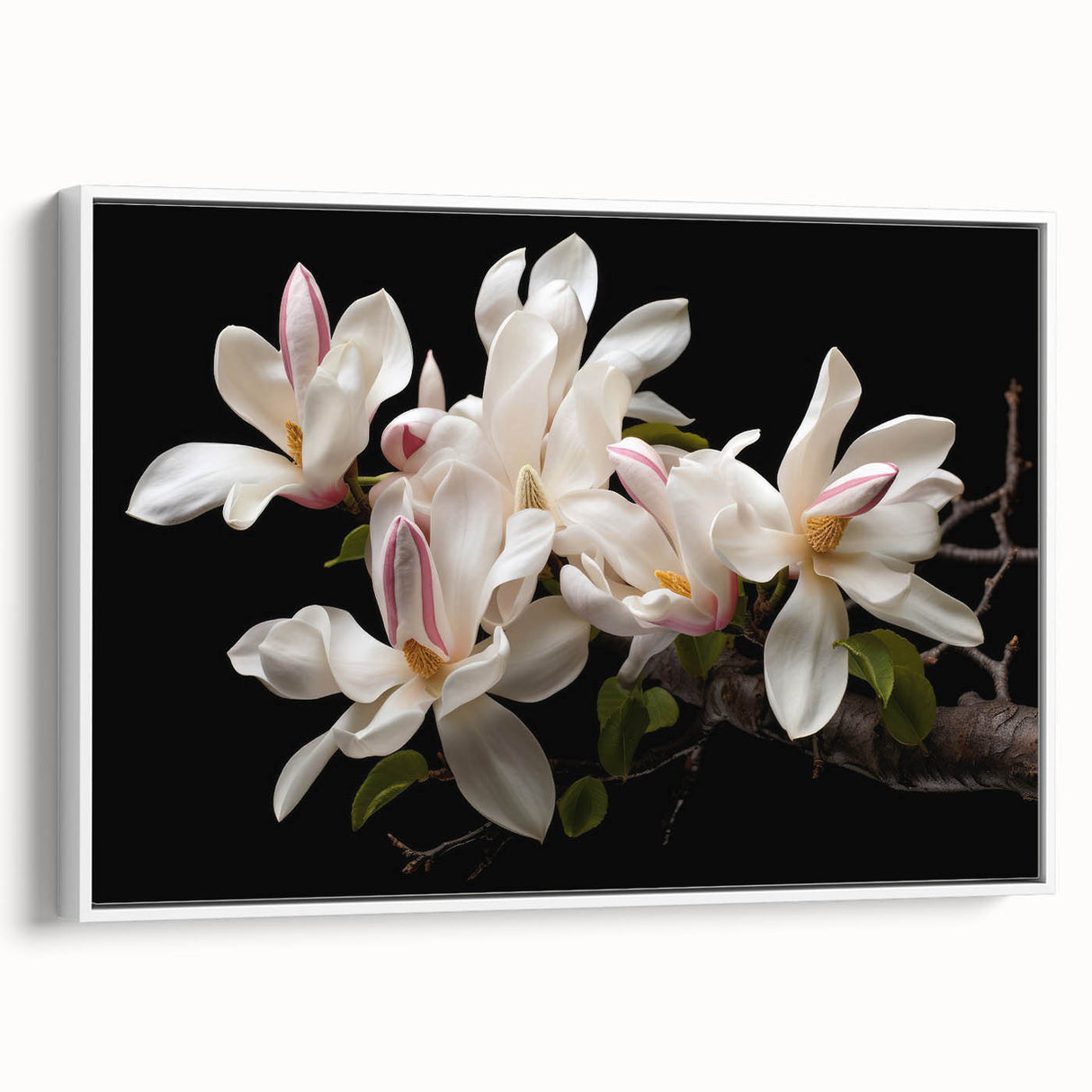 Framed botanical wall art featuring a magnolia design in soft pastel colors, displayed from a side view against a white background, perfect for home decor.