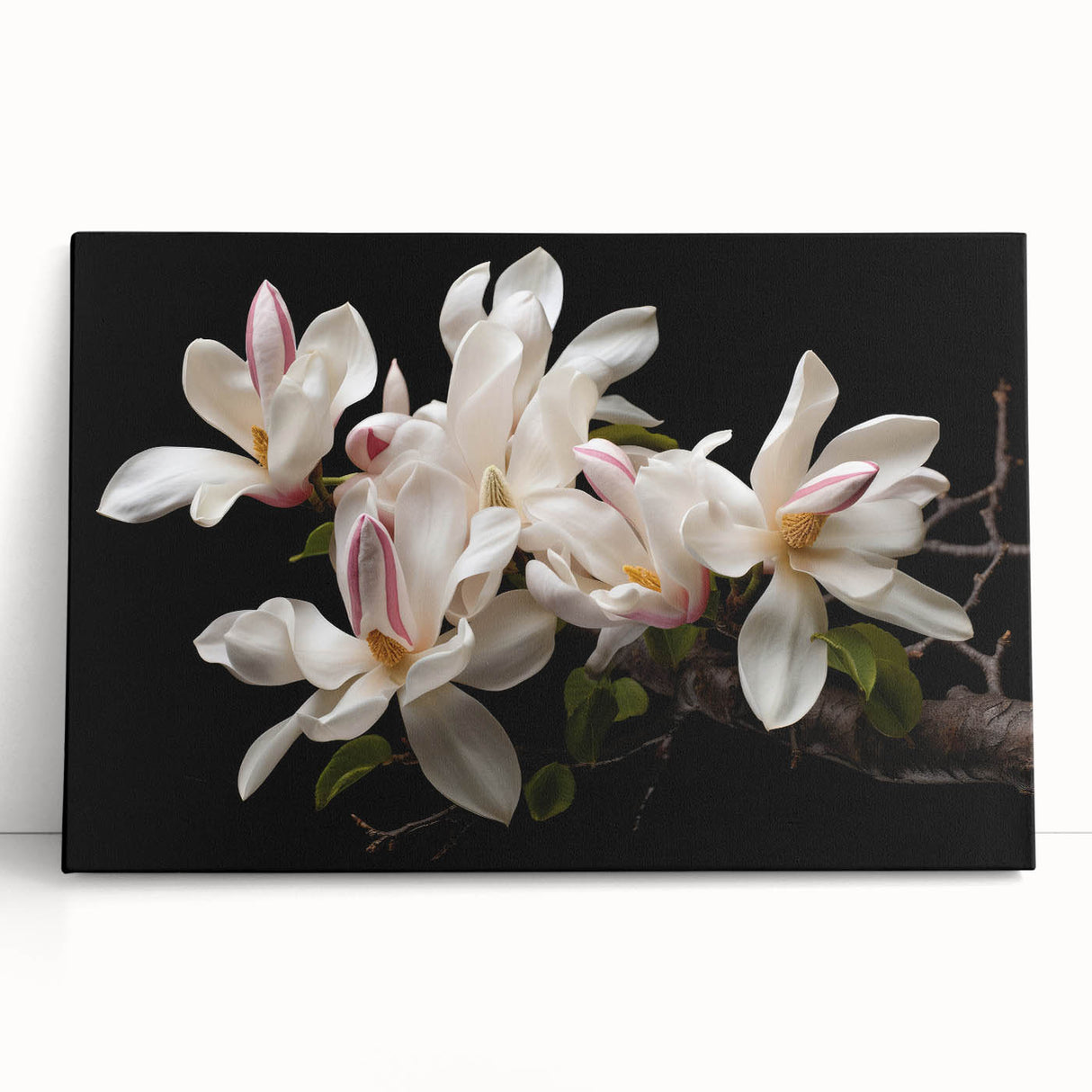 Botanical wall art featuring a beautifully designed magnolia in soft pastels, printed on stretched canvas, perfect for adding elegance to any room decor.