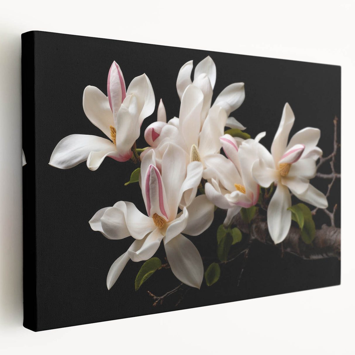 Stretched canvas wall art featuring a botanical design of magnolia flowers, showcasing vibrant colors and intricate details, perfect for home decor enhancement.