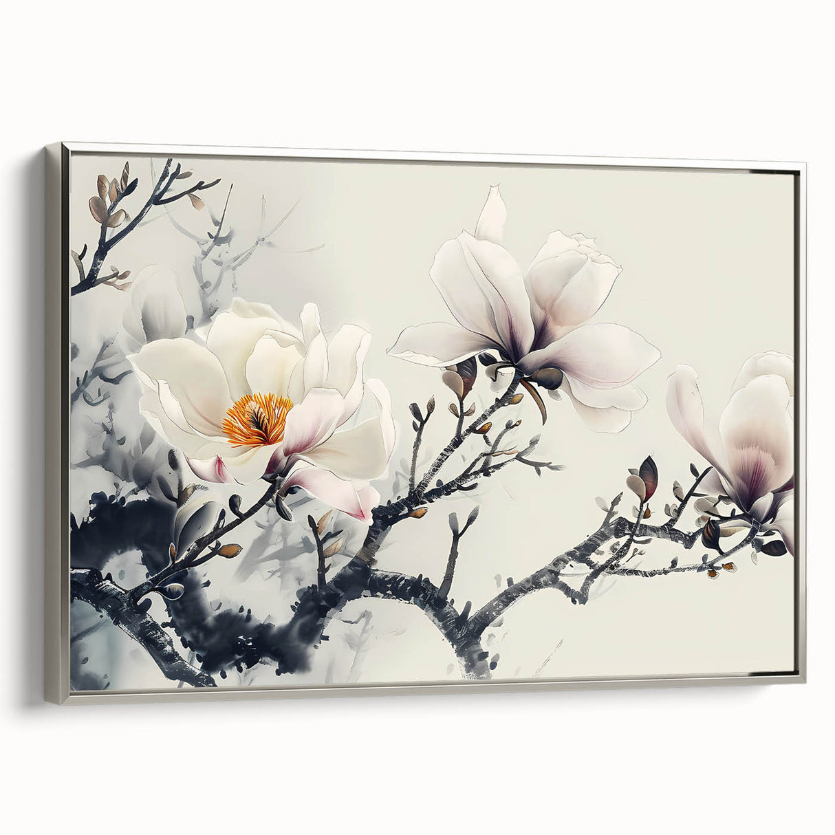 Framed botanical wall art showcasing an elegant silver-bordered magnolia design on canvas, perfect for home decor. Ideal for nature-themed interiors.