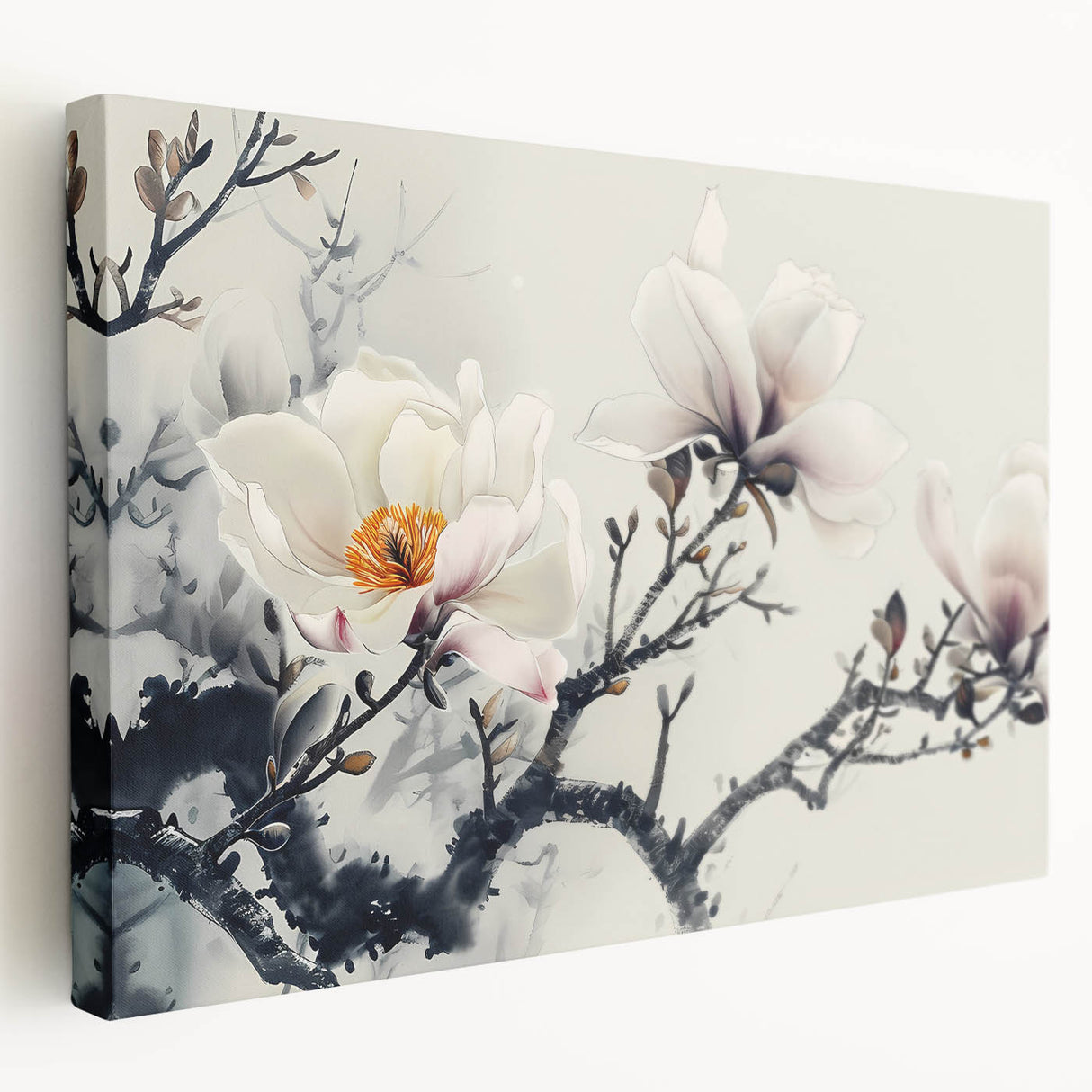 Stretched canvas artwork showcasing a botanical design of magnolia flowers in soft pastel colors, ideal for home decor or wall art collection.