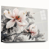 Elegant botanical wall art collection showcasing a side view of magnolia designs on acrylic glass, beautifully pinned for display. Ideal for home decor enthusiasts.