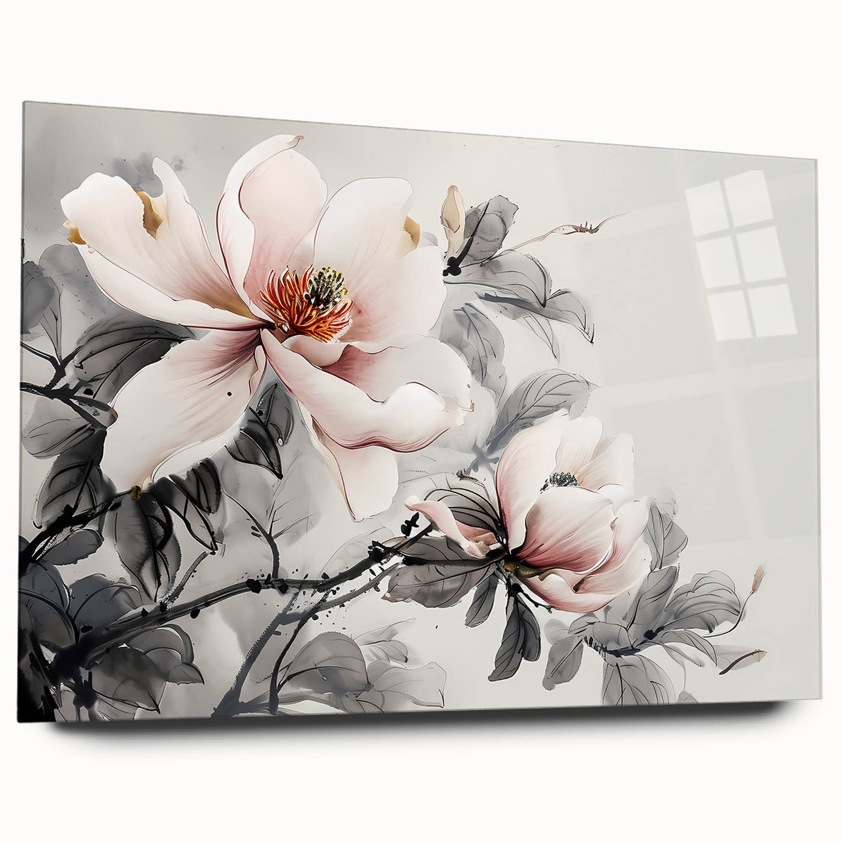 Acrylic glass wall art collection featuring a botanical magnolia design, showcasing vibrant colors and intricate details, displayed from a side view without pins. This elegant artwork elevates home decor with its floral aesthetic and modern presentation.