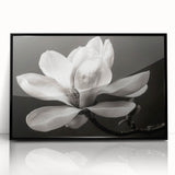 Framed wall art showcasing a botanical design of magnolia flowers in elegant black acrylic, perfect for modern home decor, adding a touch of sophistication and nature.