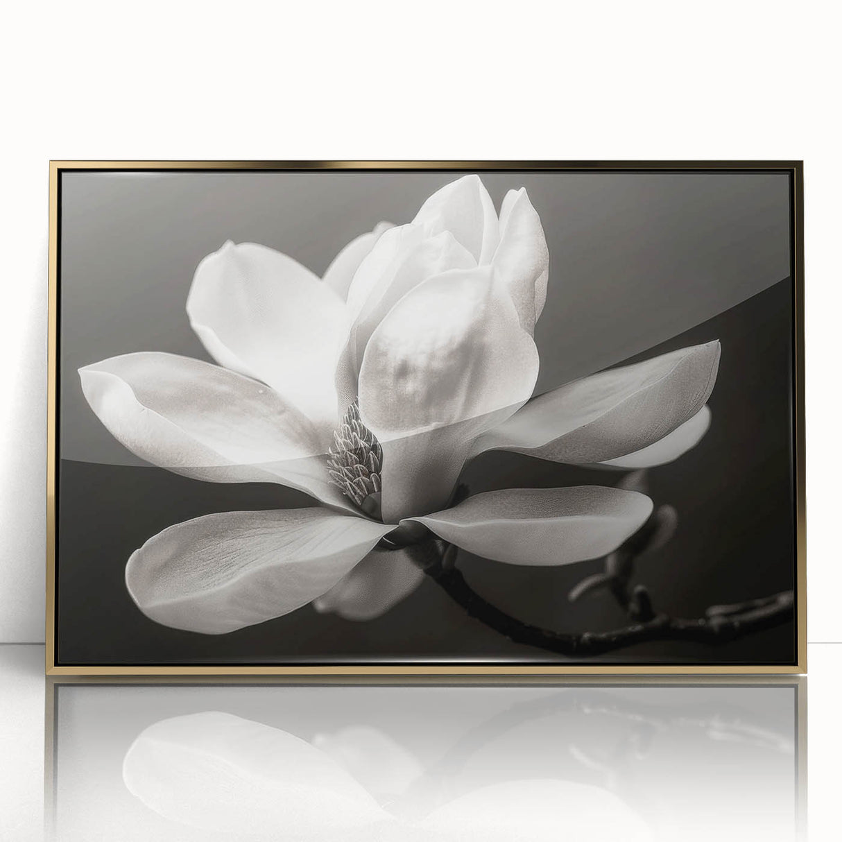 Framed wall art featuring a botanical magnolia design with a gold-accented frame, showcasing vibrant floral details against a clean background, perfect for home decor.