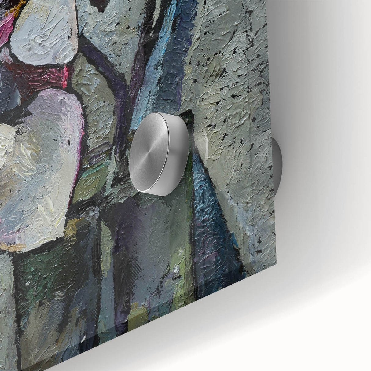Close-up view of a botanical wall art piece featuring a magnolia design, showcasing vibrant petals and intricate details on acrylic glass, perfect for home decor.