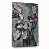 Acrylic glass wall art showcasing a botanical magnolia design, elegantly displayed from the side with metal pins, perfect for modern home decor.
