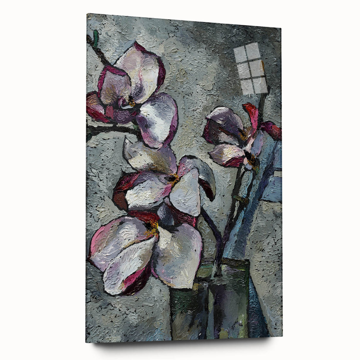 Elegant botanical wall art showcasing a side view of a magnolia design, printed on acrylic glass, highlighting intricate floral details and vibrant colors. Perfect for home decor enthusiasts seeking a modern touch.