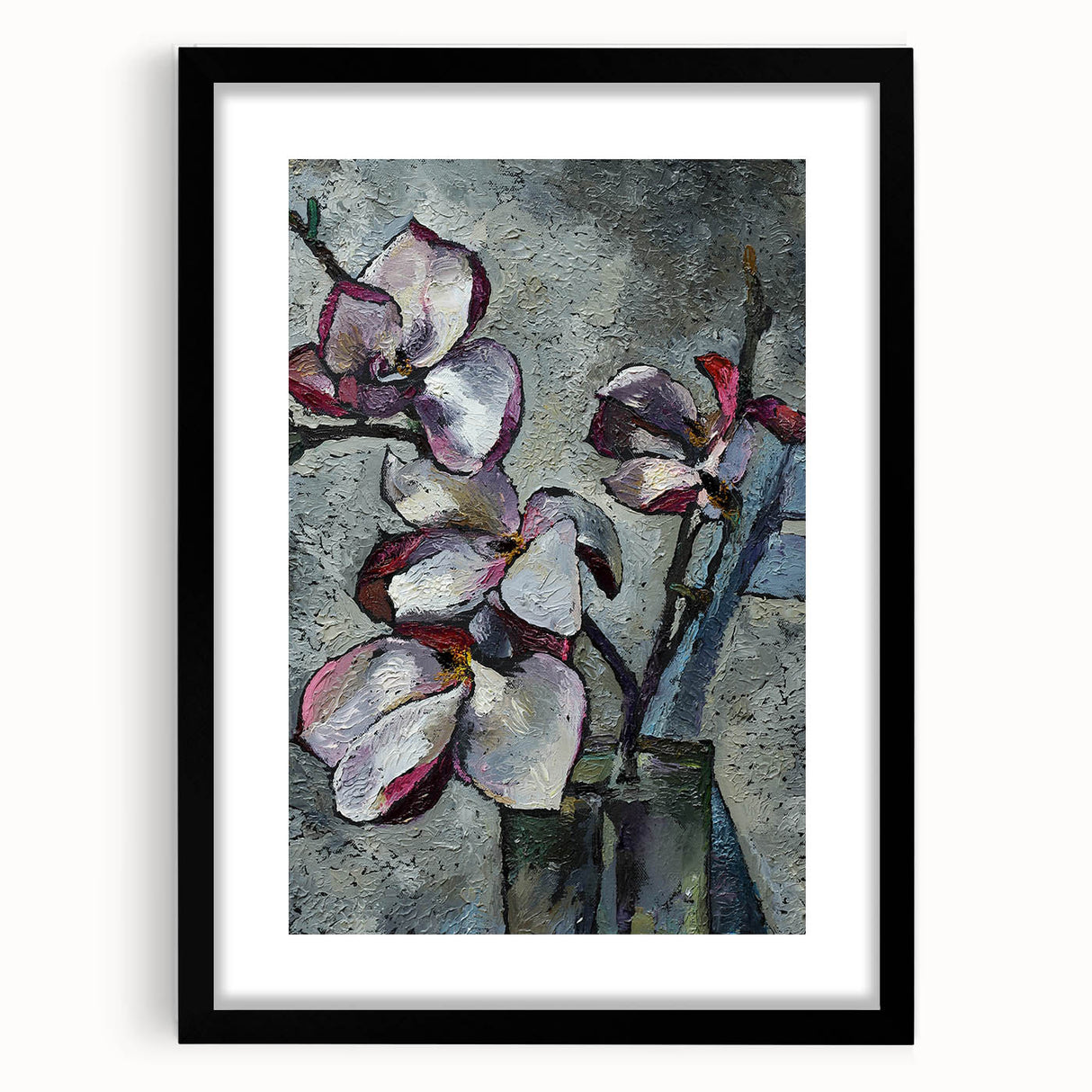 Botanical wall art featuring a stunning black-framed magnolia design with a mat, perfect for adding elegance to home décor. Ideal for floral enthusiasts and art collectors.