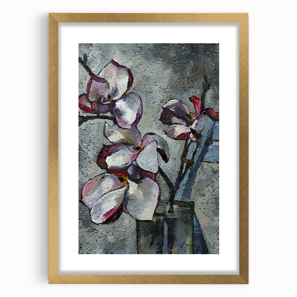 Elegant botanical wall art featuring a magnolia design, framed in gold with a white mat, showcasing detailed floral elements and a sophisticated aesthetic for home decor.