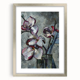 Botanical wall art featuring a silver-framed magnolia design with a mat, showcasing delicate pink and white flowers against a soft background, perfect for home decor.