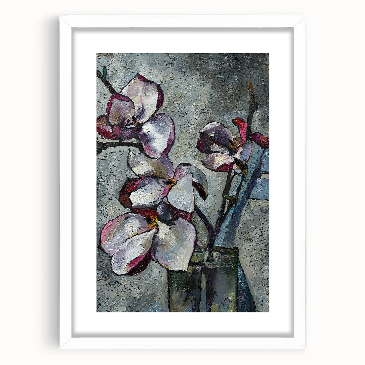 Framed botanical wall art featuring a delicate magnolia design in soft pastel colors, displayed with a white mat for an elegant look, perfect for home decor.