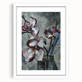 Framed botanical wall art featuring a delicate magnolia design in soft pastel colors, displayed with a white mat for an elegant look, perfect for home decor.