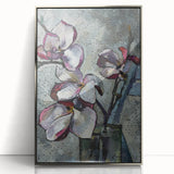 Framed wall art showcasing a stunning botanical magnolia design with vibrant colors and intricate details, presented in a sleek silver frame, perfect for home decor.