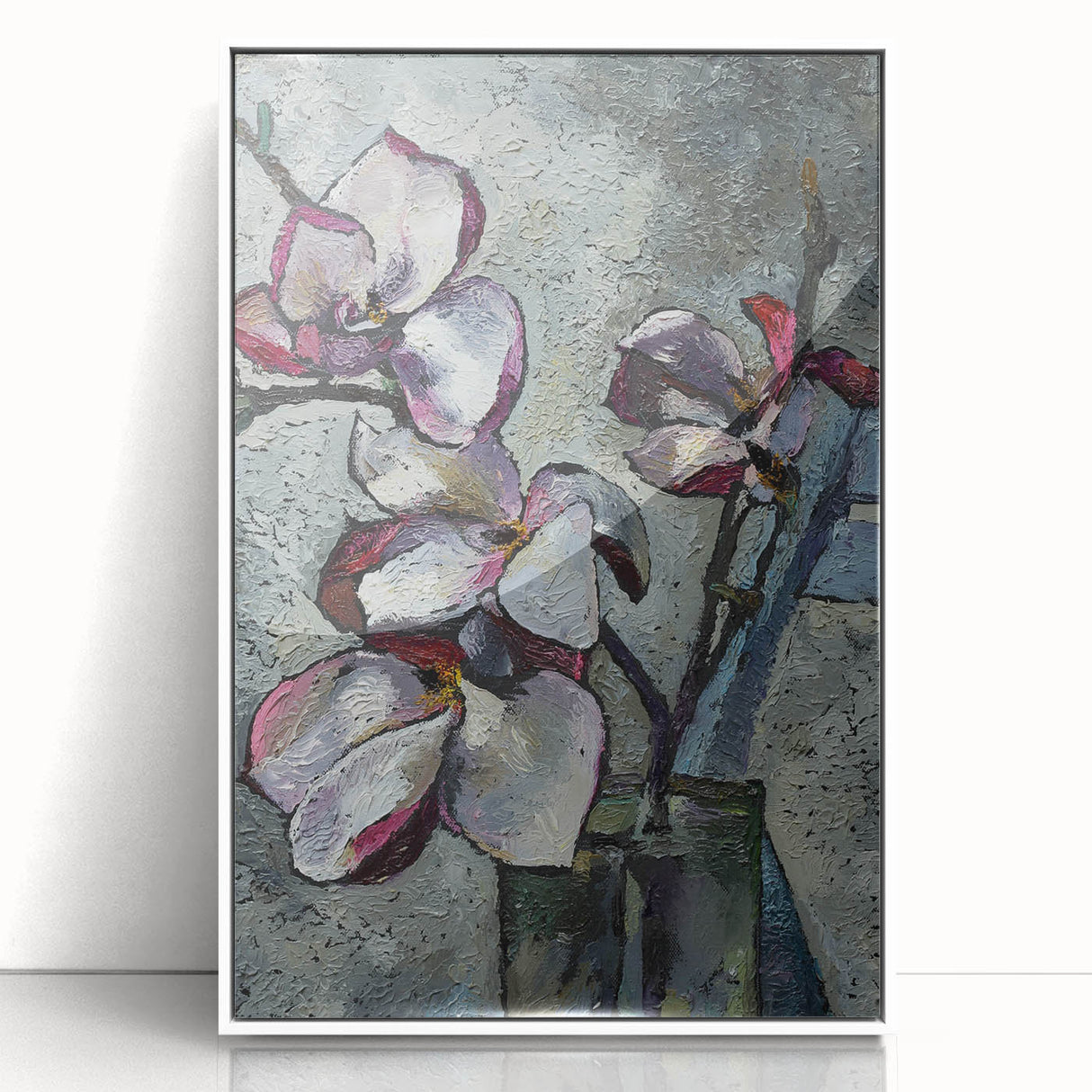 Framed wall art showcasing a botanical magnolia design in acrylic, featuring white borders and a sleek modern aesthetic, perfect for home decor accents.
