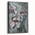 Framed canvas wall art featuring a botanical magnolia design in elegant black, showcasing intricate floral details and a sleek side view, perfect for modern decor.