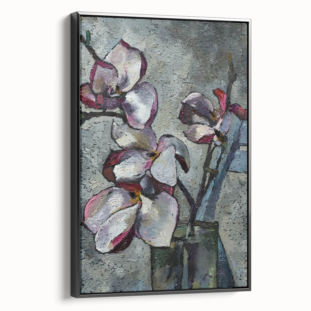 Framed canvas wall art featuring a botanical magnolia design in elegant black, showcasing intricate floral details and a sleek side view, perfect for modern decor.