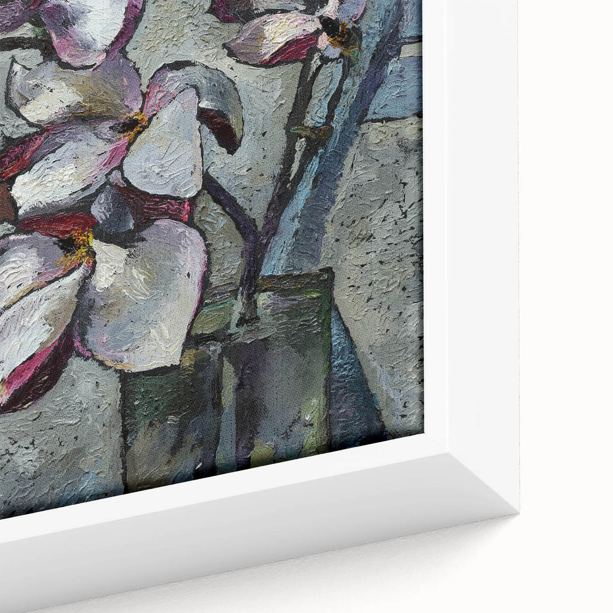 Close-up of a framed botanical wall art piece showcasing a vibrant magnolia design, featuring intricate details and soft pastel colors, perfect for home decor.