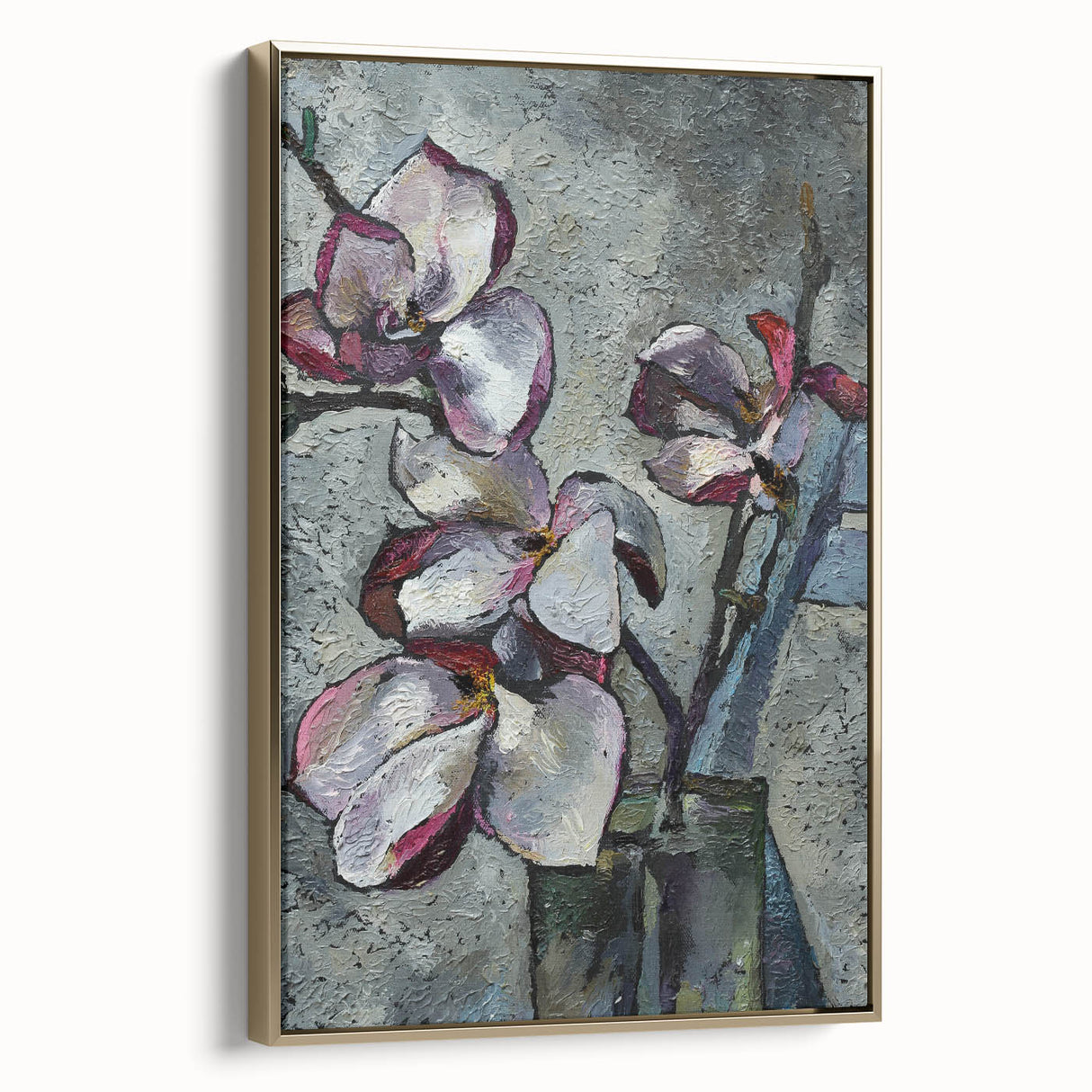 Framed canvas wall art showcasing a botanical magnolia design in elegant gold tones, highlighting intricate floral details and textures, perfect for home decor.