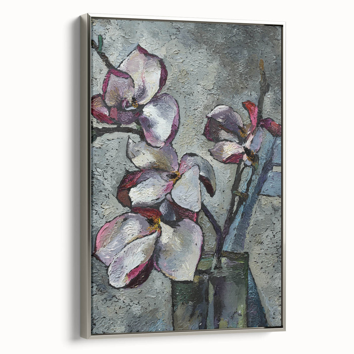 Framed wall art featuring a botanical magnolia design, showcasing elegant silver accents and a stylish side view, perfect for enhancing home decor.