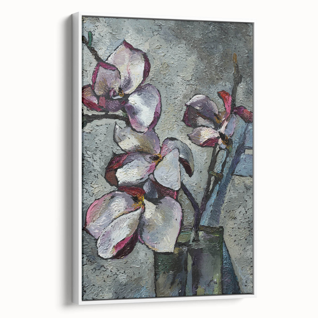 Framed canvas wall art showcasing a botanical magnolia design in soft whites and greens, elegantly displayed from a side view, perfect for home decor.