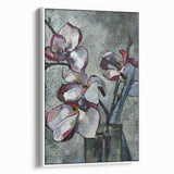 Framed canvas wall art showcasing a botanical magnolia design in soft whites and greens, elegantly displayed from a side view, perfect for home decor.