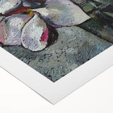 Magnolia flowers illustrated in a stunning botanical design on rolled canvas, featuring soft pink and white hues, perfect for home décor or art collection.